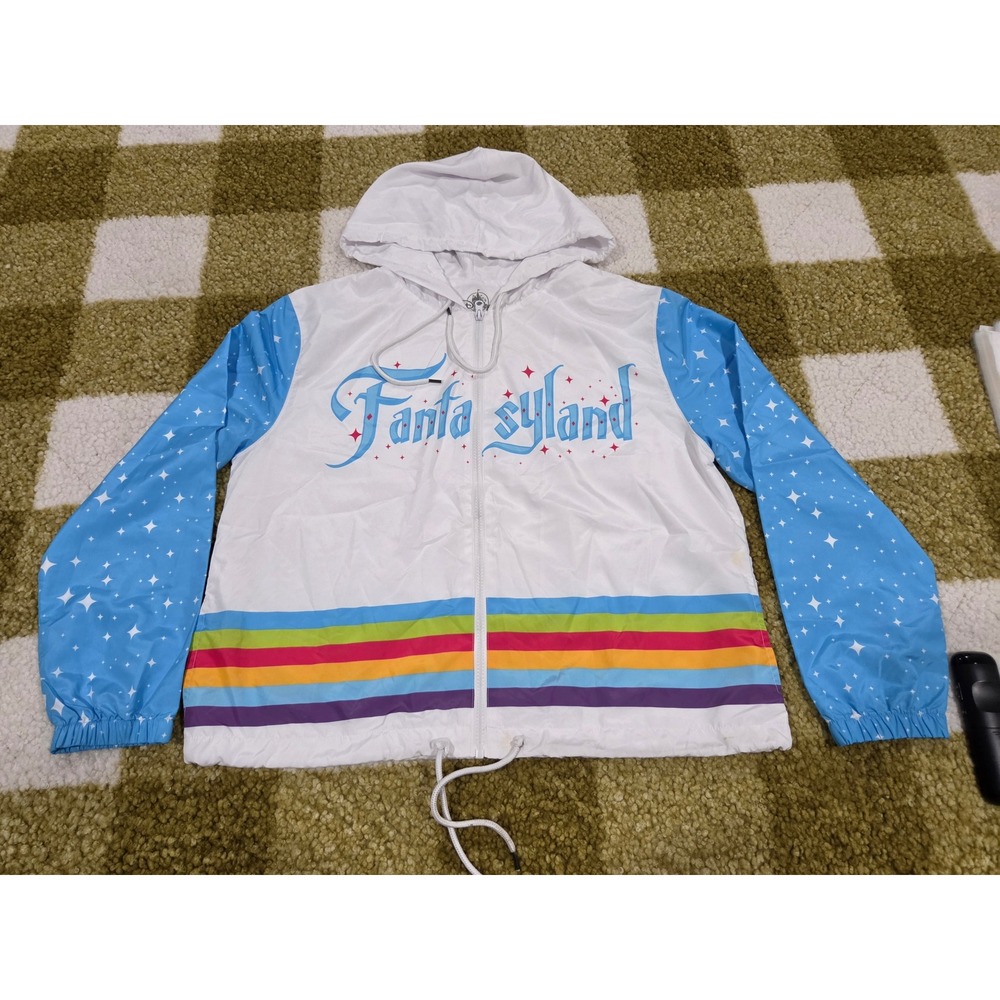 Disney Parks Fantasyland Windbreaker Jacket White Rainbow Blue Stars Large